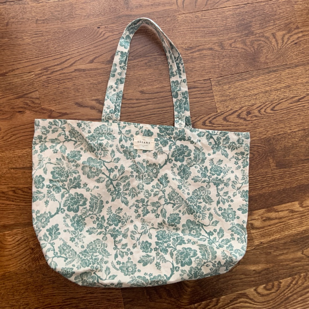 Sezane Floral Teal Linen Tote Bag